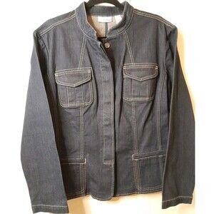Chico’s Platinum Sz L Blue Dark Wash Denim Jacket - Pockets Covered Buttons NWOT